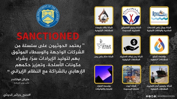 عقوبات أمريكية جديدة على 9 شركات يمنية مرتبطة بالحوثيين