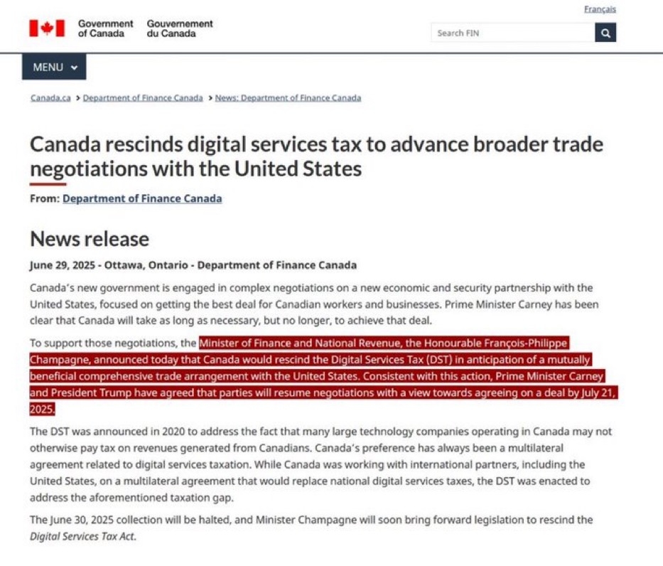 Canada Drops Tax Targeting U.S. Tech Firms; Carney to Resume Trade Talks, Aiming for Deal by July 21