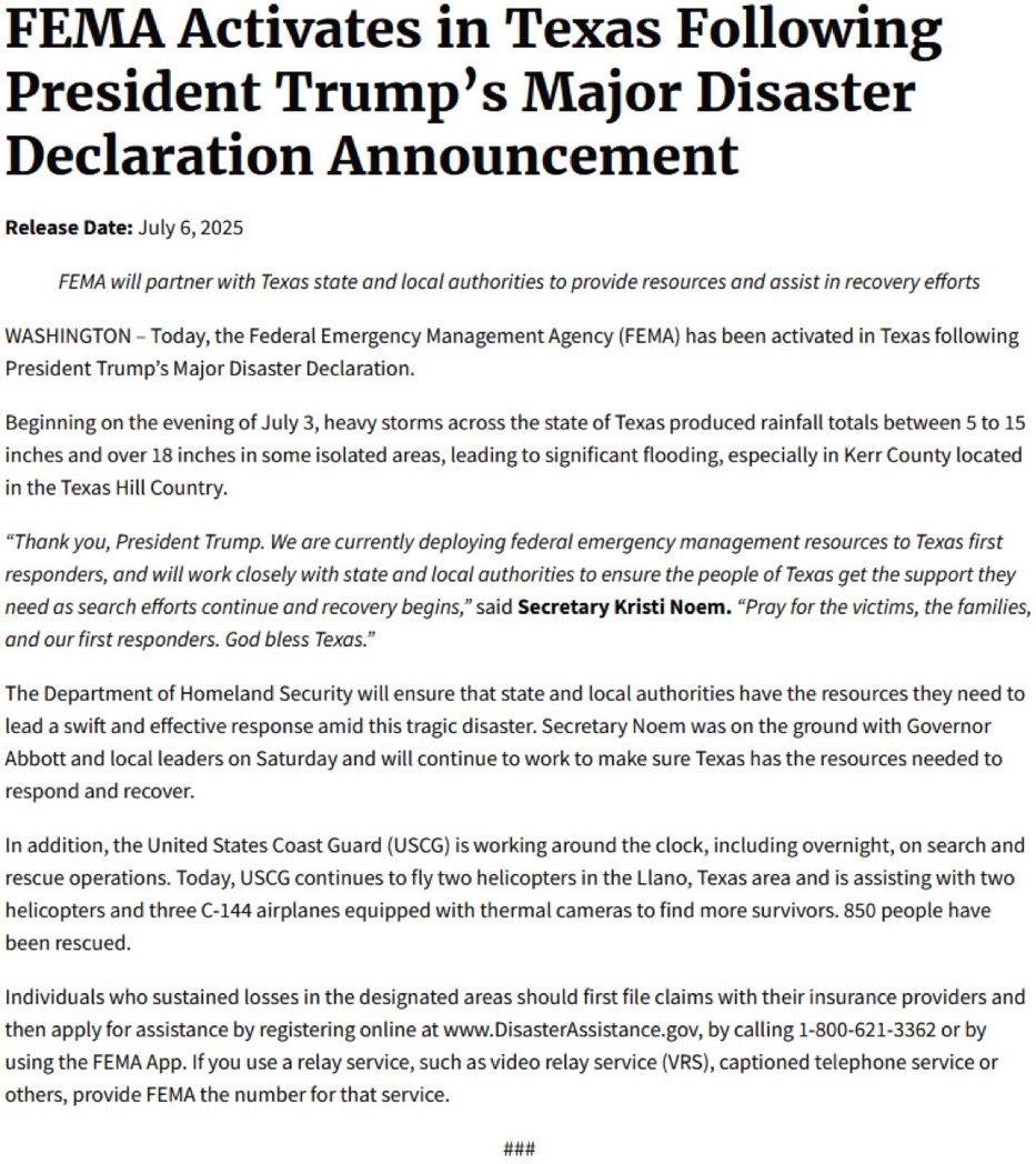 DHS Confirms FEMA Activation in Texas Following Trump's Disaster Declaration