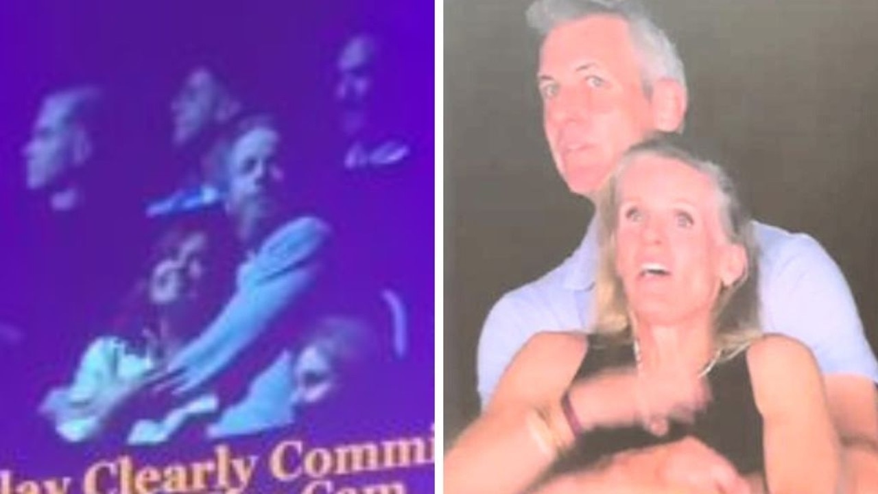 ‘Zoom in': Australian celebrities Lisa Wilkinson and Hamish Blake spoof viral ‘kiss cam' drama