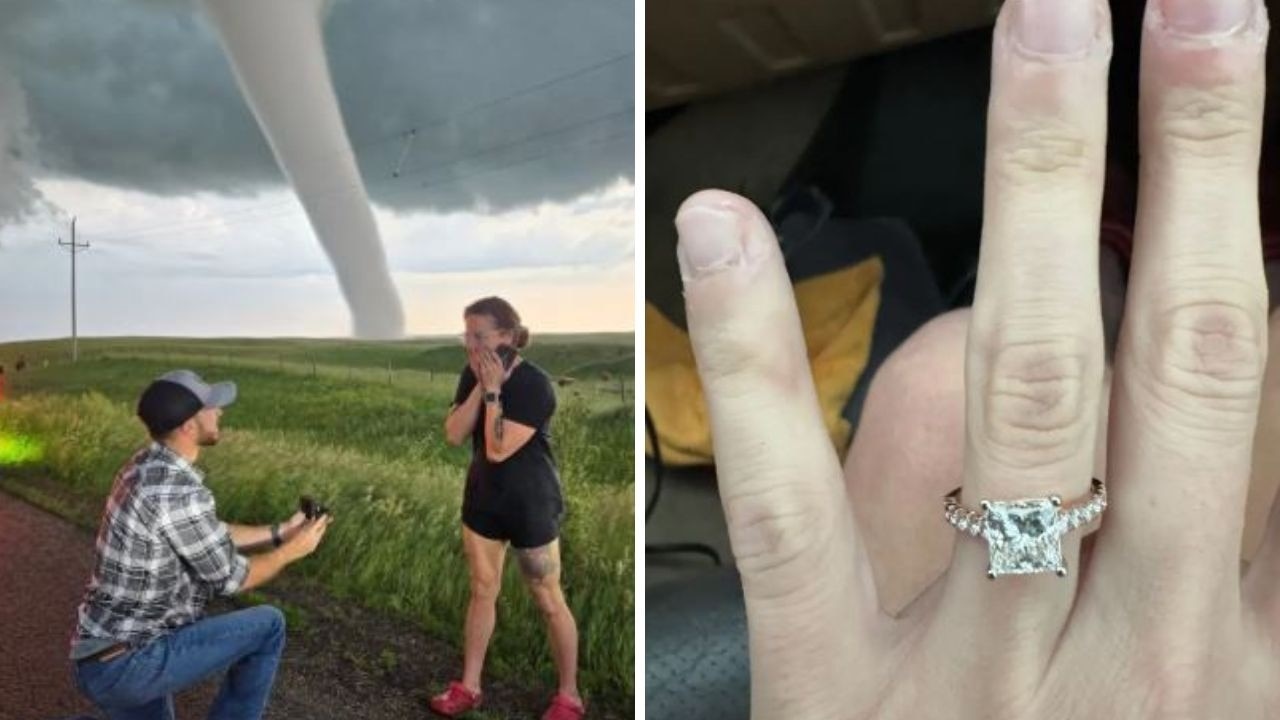 Storm chasers get engaged next to a raging tornado