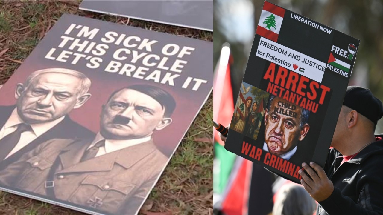 Anti-Israel protesters display grotesque Hitler signs in wild demonstration attended by Greens Senators outside Parliament House