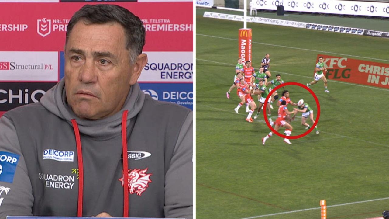 Flanno fumes at shocking forward pass call in Dragons' loss to Canberra