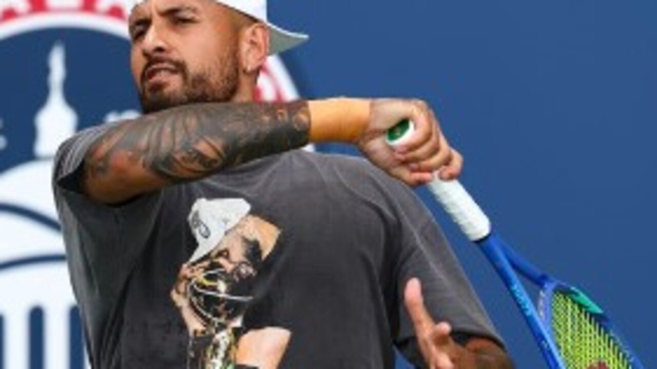 Nick Kyrgios went down in his first tour match since March in a doubles clash in the US