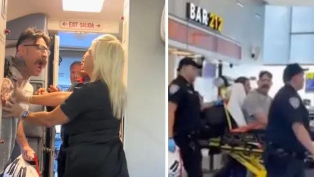 Pro fighter goes ballistic on a flight then gets escorted out on a stretcher