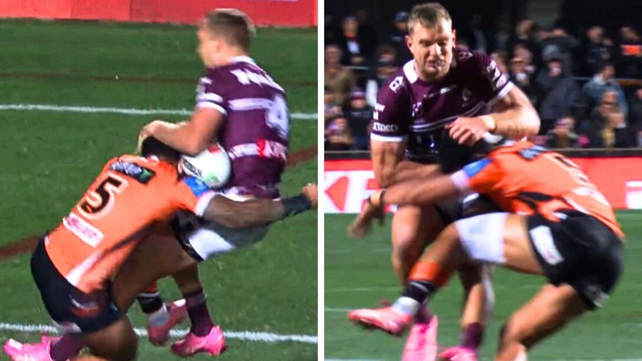 NRL Tom Trbojevic cops a huge Wests Tigers hit in brutal act in centres for Manly Sea Eagles