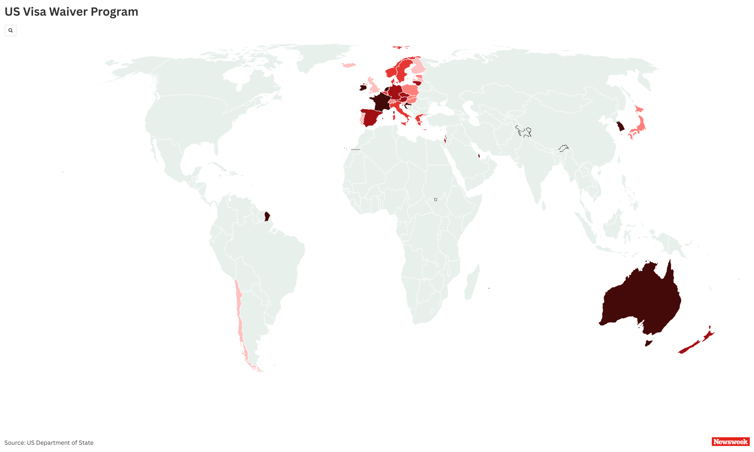 Map Shows Countries That Are Part of US Visa Waiver Program