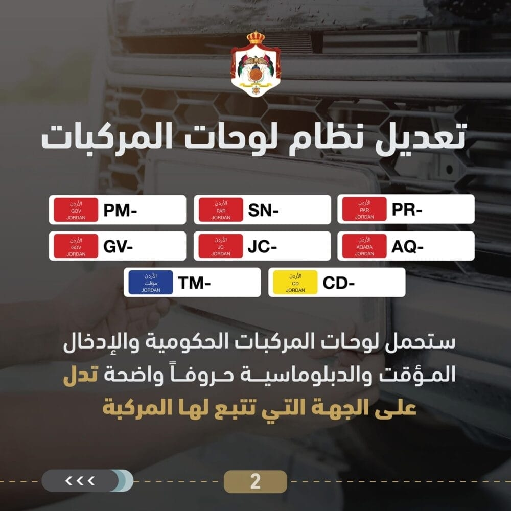 'الترخيص والمركبات' : القرار الحكومي المتعلق بلوحات المركبات الحكومية يهدف الى سهولة التعرف على فئات المركبات الرسمية