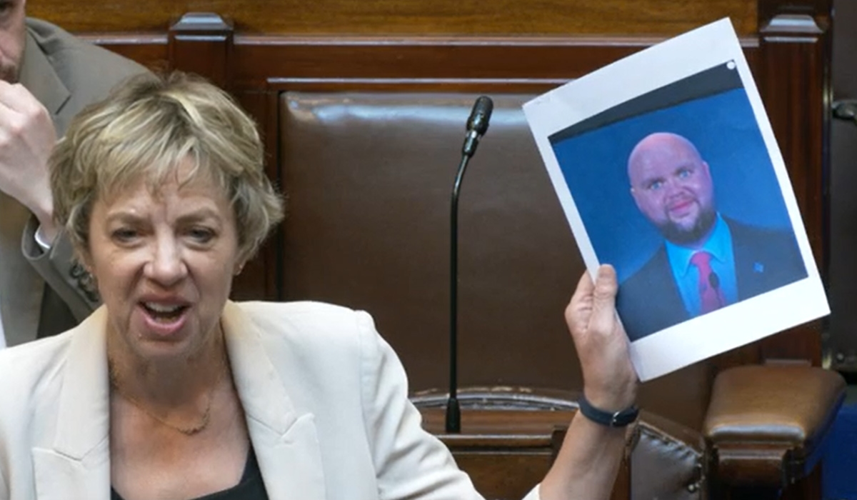 Ivana Bacik holds up meme of JD Vance in Dail over US visa clampdown