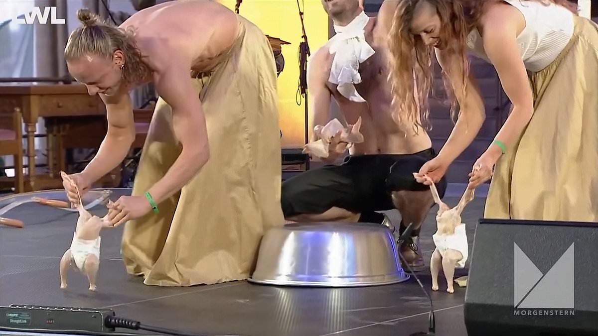 What the cluck?! 20,000 Christians condemn 'blasphemy' after cathedral art performance sees half-naked actors dance with plucked chickens in nappies
