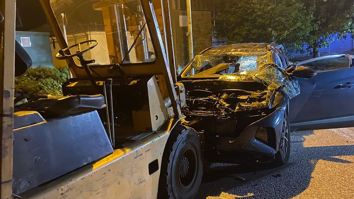Shocking moment 'drunk' forklift driver flips car upside down 'with father and son still in it' in terrifying wrecking spree