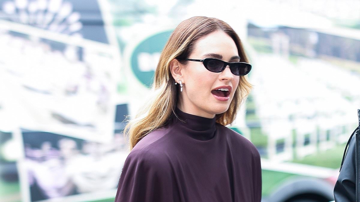 Lily James puts on a leggy display in purple mini dress after stepping out in black mini skirt during day in NYC