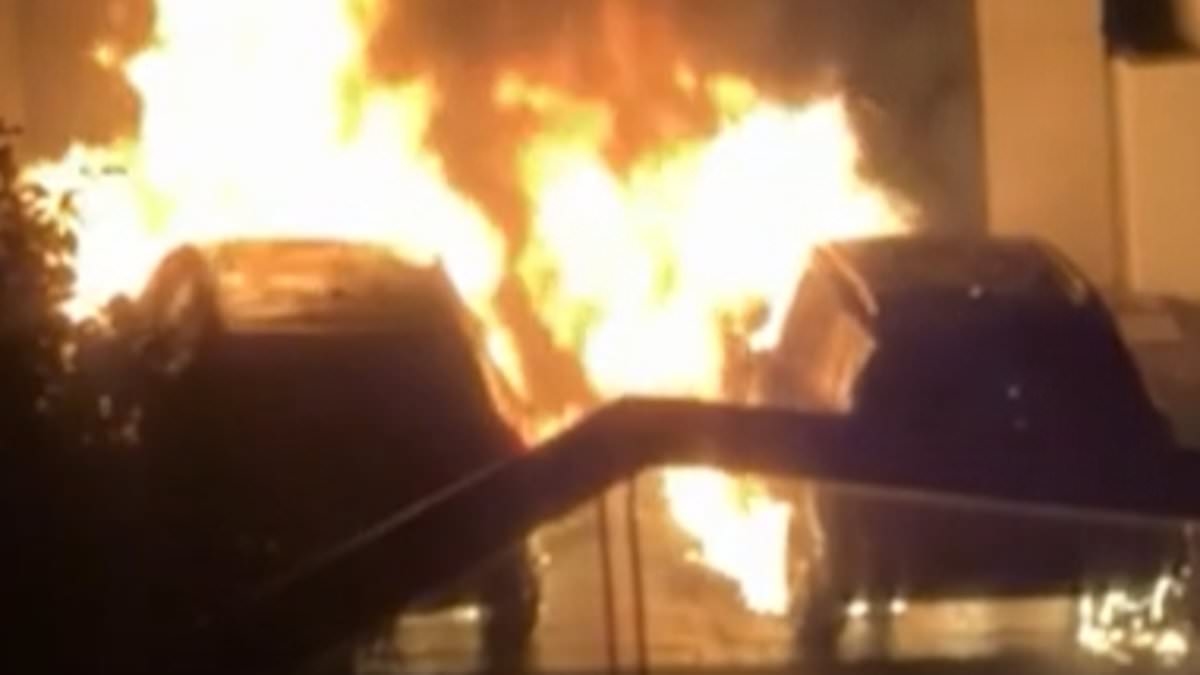 The crude message scrawled on cars moments before they were set alight in suspected arson attack