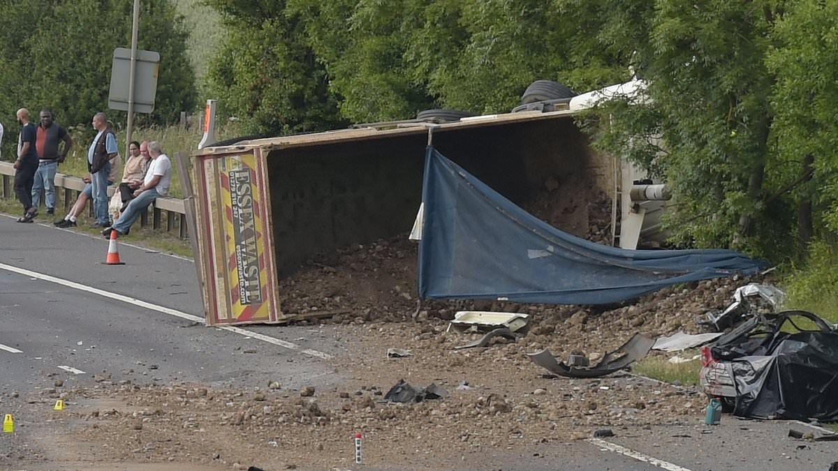 Lorry leaves behind scene of destruction after swerving over M11 central reservation and flipping over sparking huge tailbacks near Stansted Airport