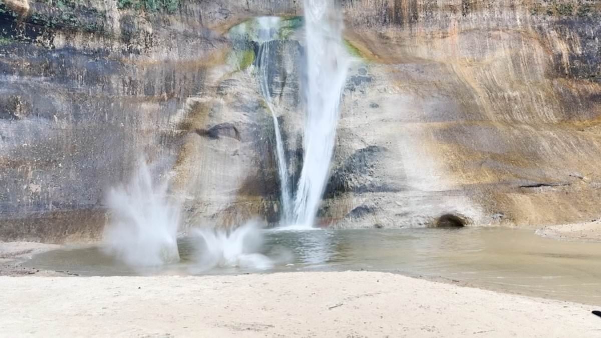Petrifying rockfall almost lands on tourists in Utah waterfall in heart stopping video