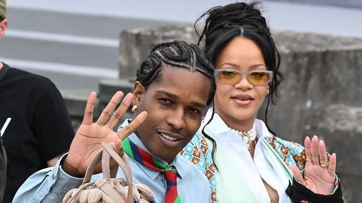 Pregnant Rihanna looks stylish in an unbuttoned blouse and waistcoat as she joins A$AP Rocky at Dior show during Paris Fashion Week