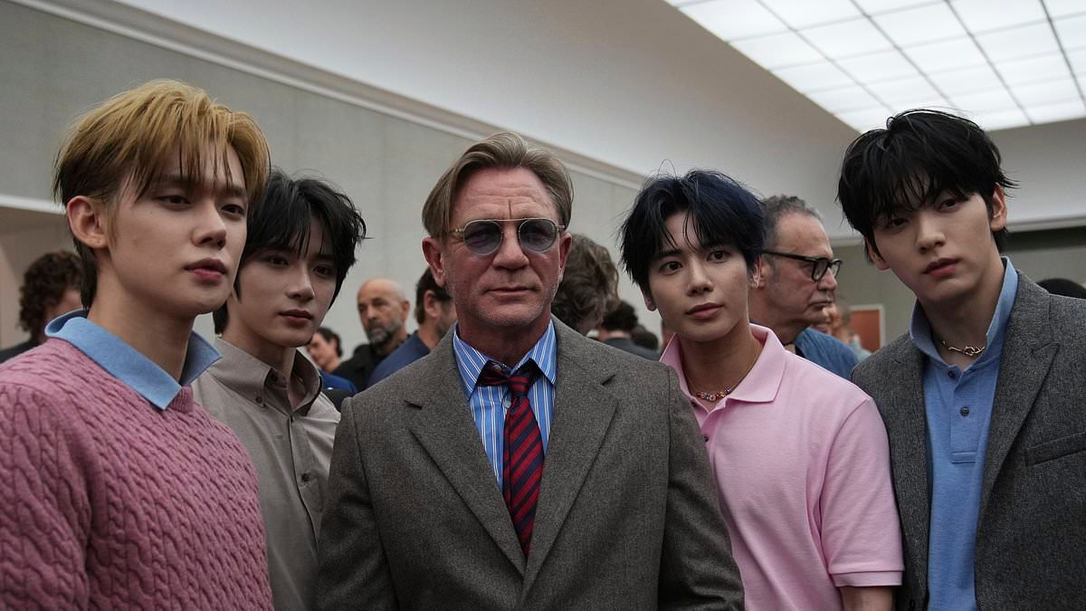 Daniel Craig looks stylish in a tweed blazer as he joins South Korean band Tomorrow X Together at Dior Homme show during Paris Fashion Week