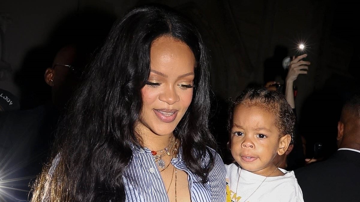 Rihanna shows off her growing baby bump in an unbuttoned shirt as she joins partner A$AP Rocky and their one-year-old son Riot at AWGE show during Paris Fashion Week