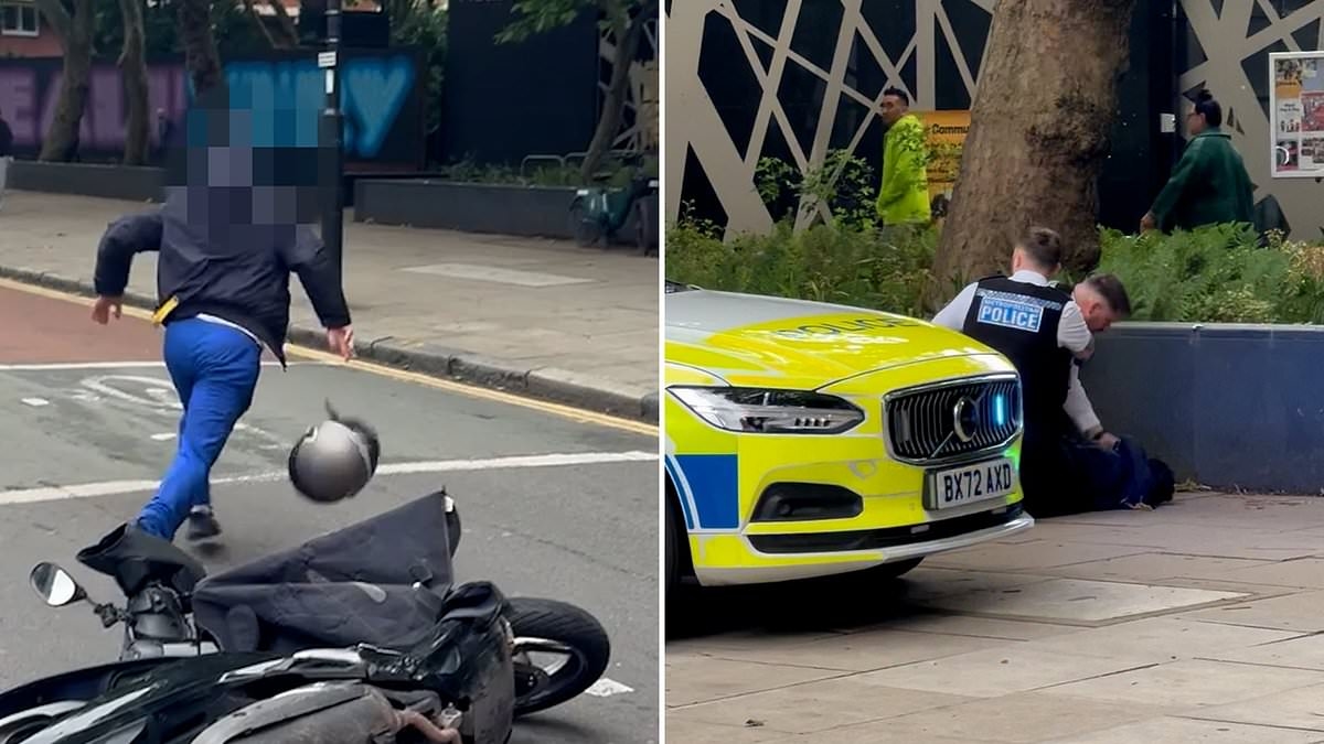 Instant karma! Moped rider ditches scooter in the middle of the road as he attempts to run away from police - but is swiftly detained by officers