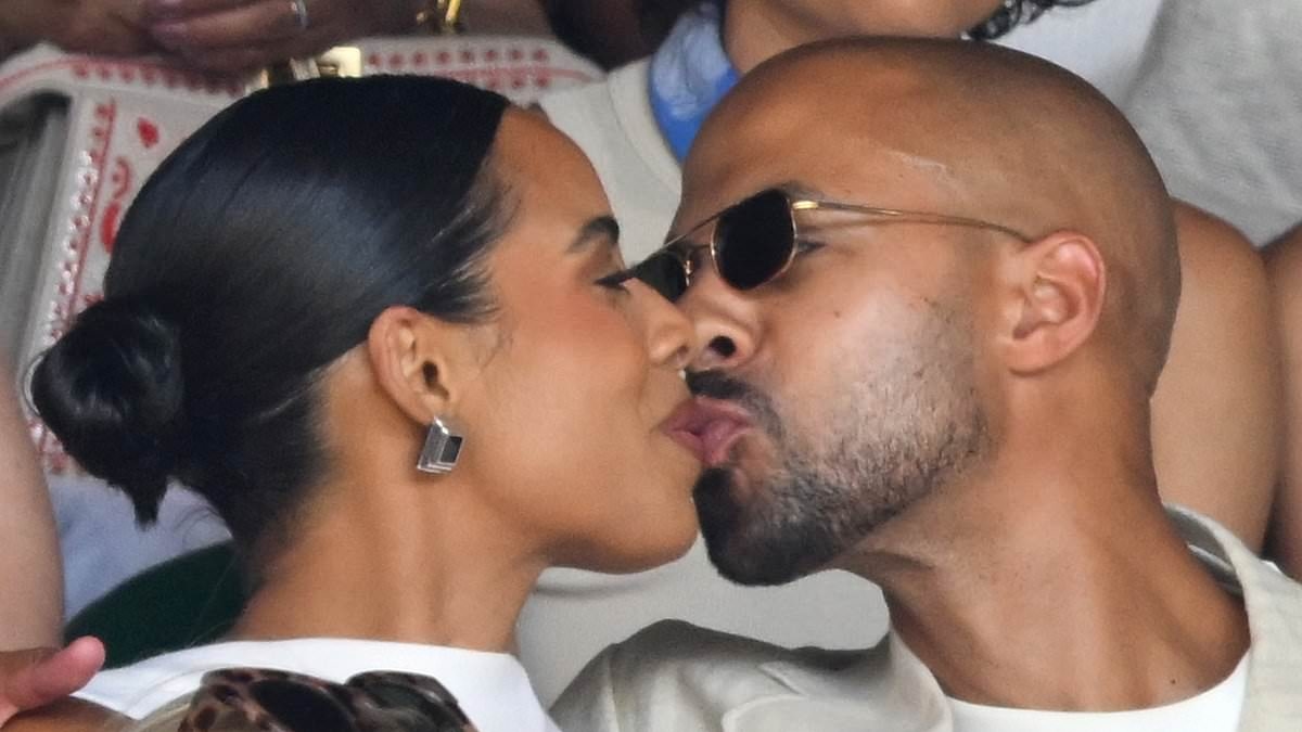 Rochelle Humes shares a kiss with husband Marvin while Jamie Campbell Bower reveals new romance with girlfriend Elena Taber as stars pack on the PDA during first day of Wimbledon