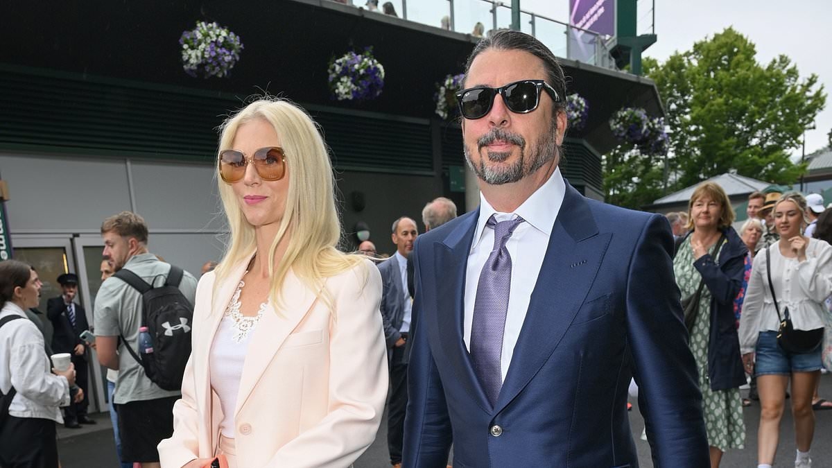 Dave Grohl ditches his rockstar attire for smart navy suit as he leads the stars attending day three of Wimbledon in his first public event with wife Jordyn Blum since fathering secret love child