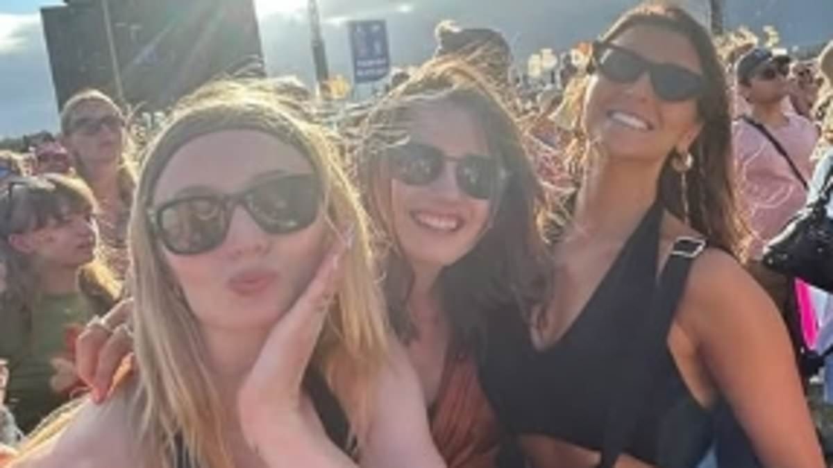 Sophie Turner wows in a tiny black bralette and shorts as she gives a glimpse of her Glastonbury weekend with pals - after 'reconciling romance' with Peregrine 'Perry' Pearson
