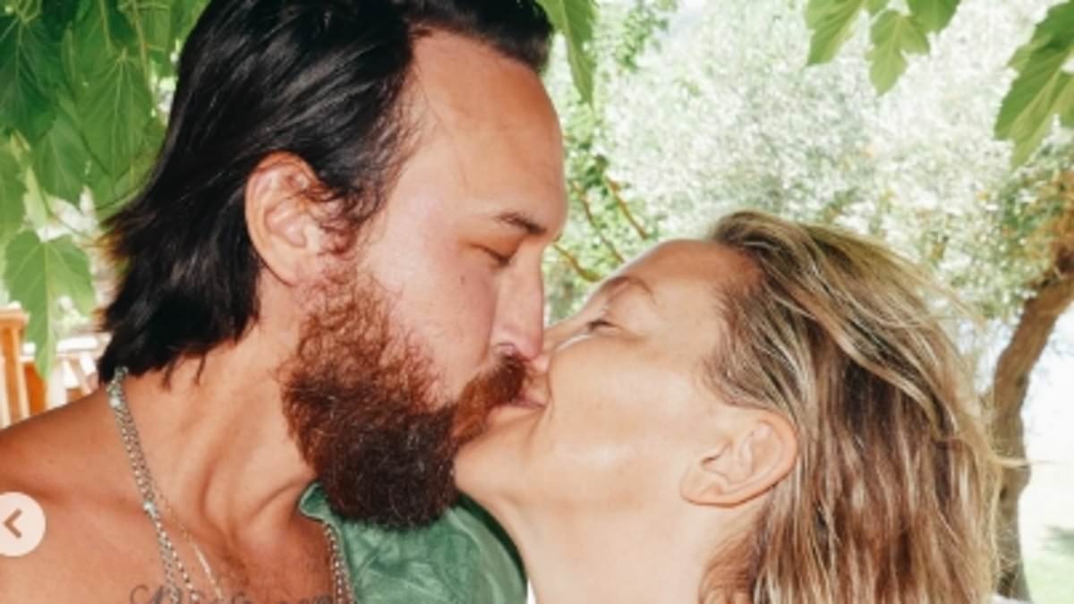 Kate Hudson packs on the PDA with her fiancé Danny Fujikawa as she slips into a pink bikini in snaps from her Greek family holiday