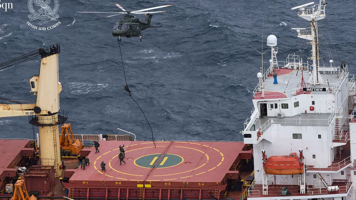 Dramatic moment Irish army rangers drop onto container ship carrying £132MILLION of cocaine in daring raid