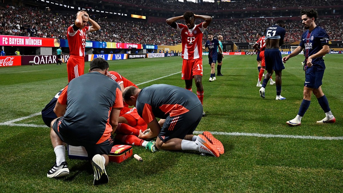 Jamal Musiala's Bayern Munich team-mate Alphonso Davies distraught as he reacts to forward's horror injury while streaming during Club World Cup match