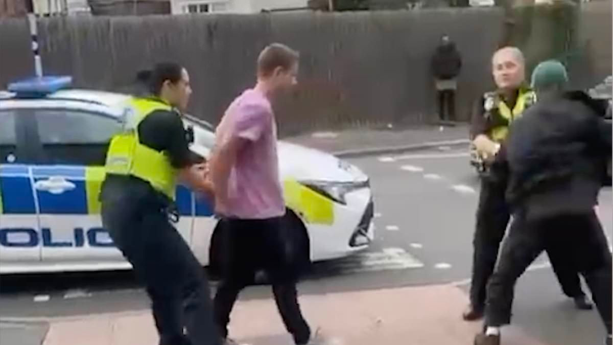 Moment thug punches female officer in the face before she bravely brushes off the attack and pins him to the ground