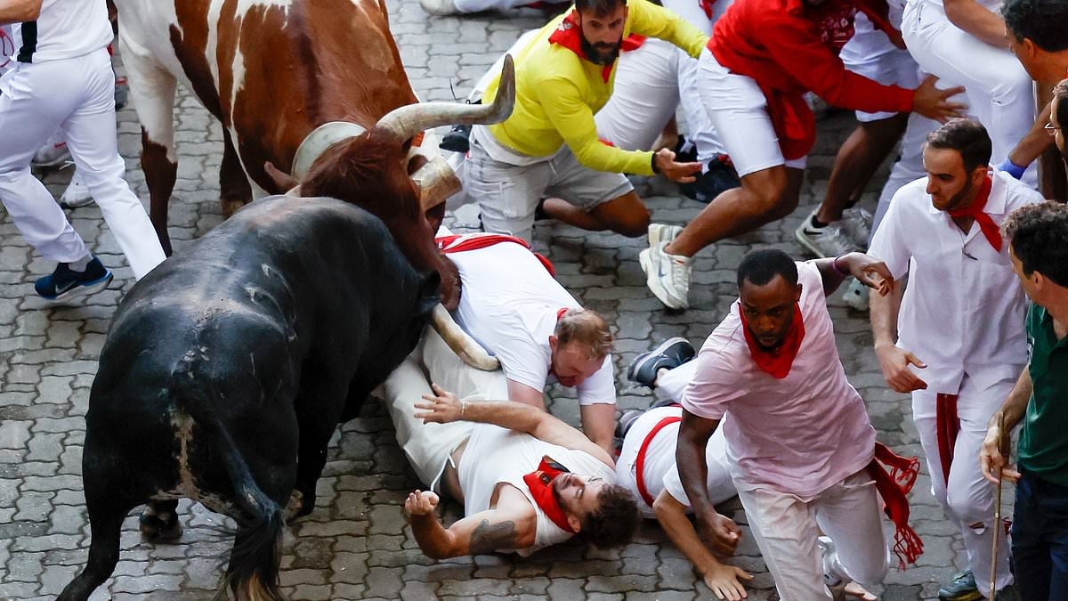 Daredevils are thrown into the air and smashed by bull as first person is gored by bull in this year's Running of the Bulls festival in Spain