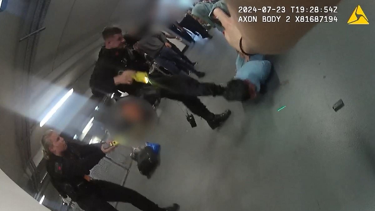 Police officer filmed kicking a suspect in the head during Manchester Airport brawl was being 'professional', court hears