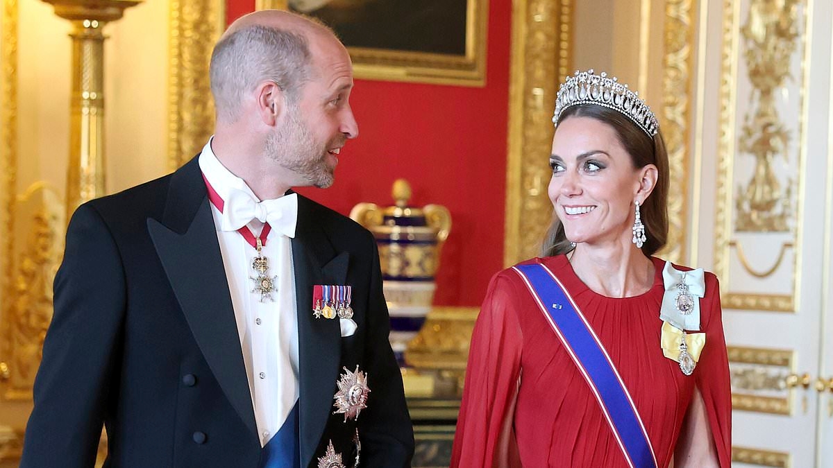 Kate Middleton wears striking scarlet gown as she makes dazzling return to high-profile royal duties - in her first State Banquet for more than a year
