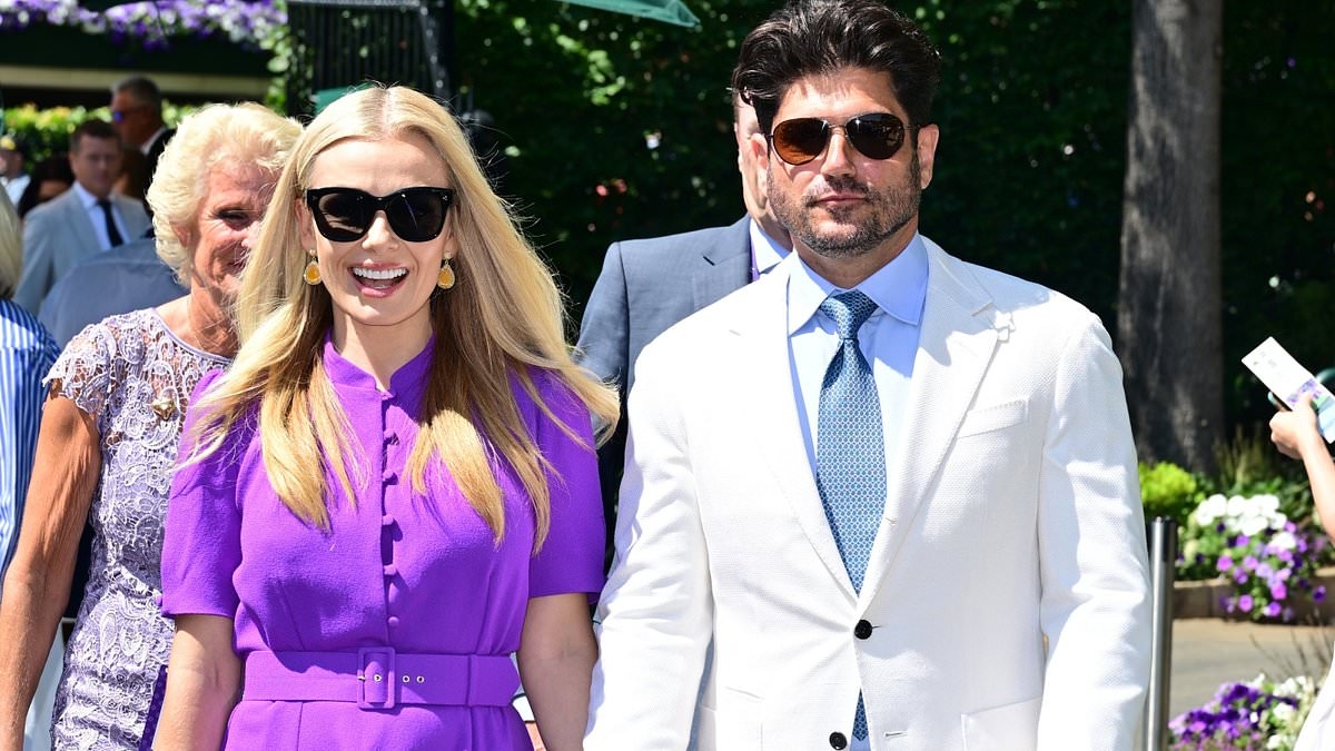 Katherine Jenkins walks hand in hand with husband Andrew Levitas as they join Hayley Atwell and Sir Mo Farah for the women's singles final at Wimbledon