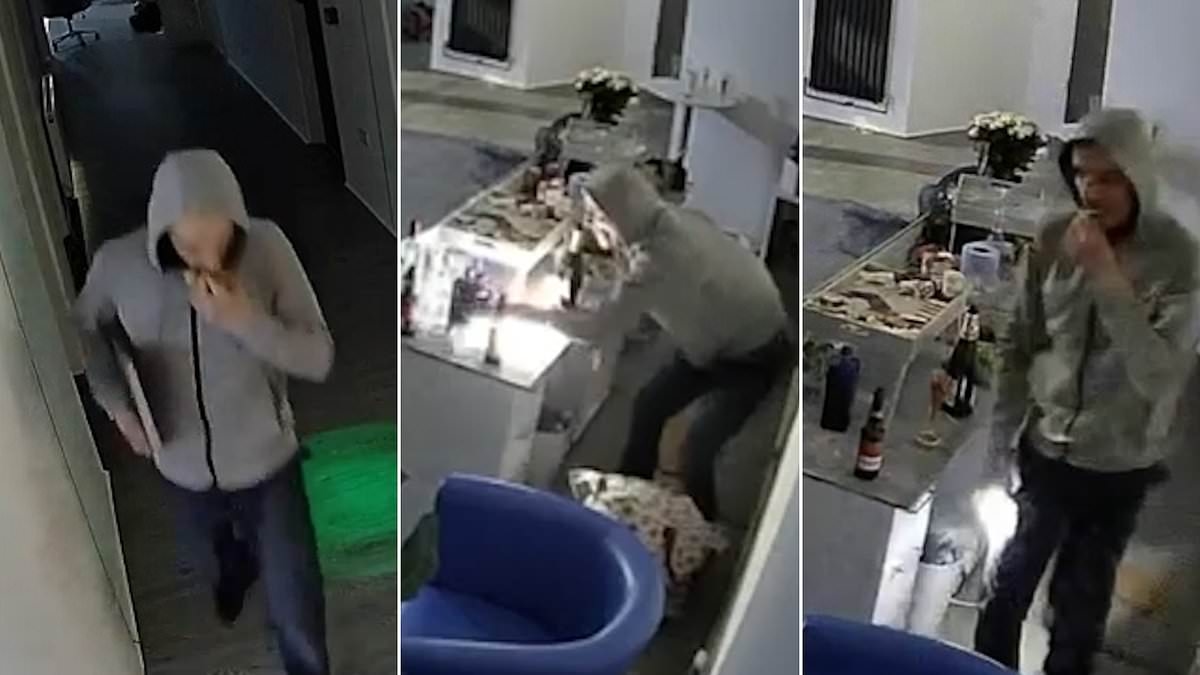 Cheeky thief nibbles on party leftovers before stealing expensive gadgets and cash in late-night office burglary