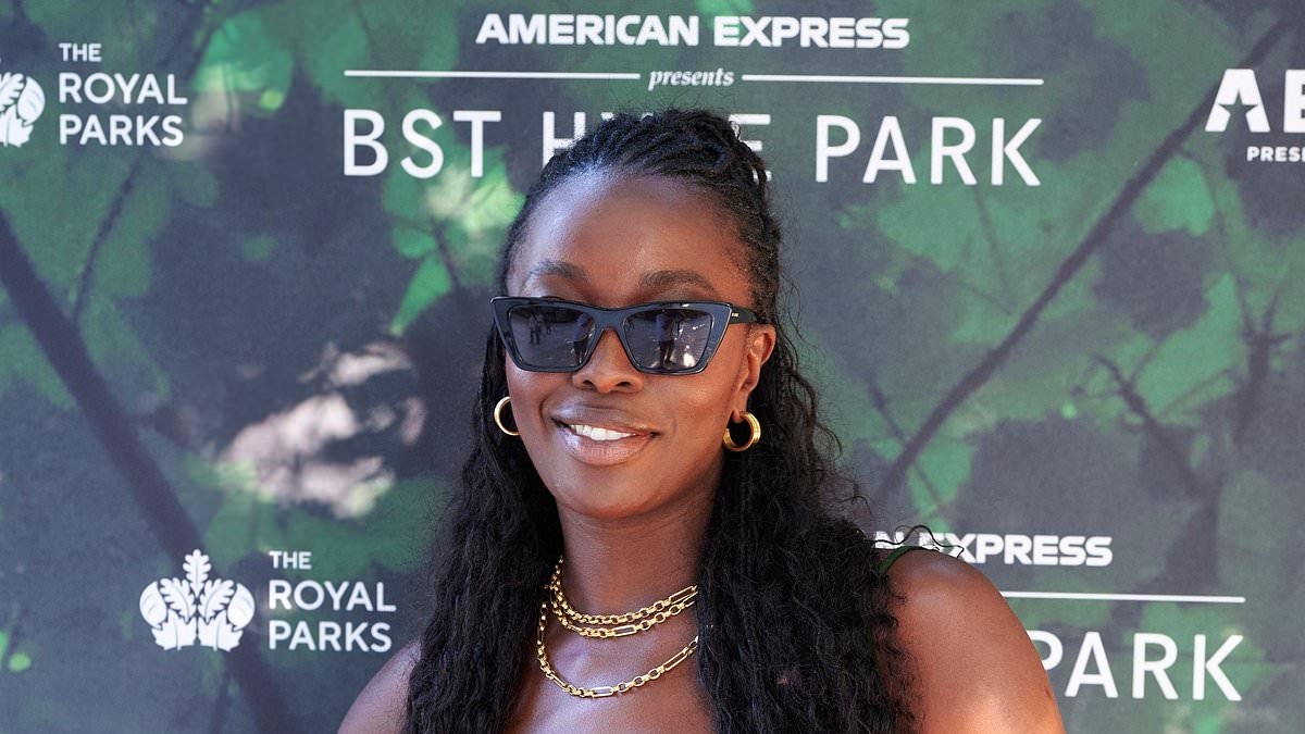 Newly-engaged AJ Odudu flaunts her incredible figure in a thigh-split dress as she joins Emily Atack for headliner Stevie Wonder's BST Hyde Park set
