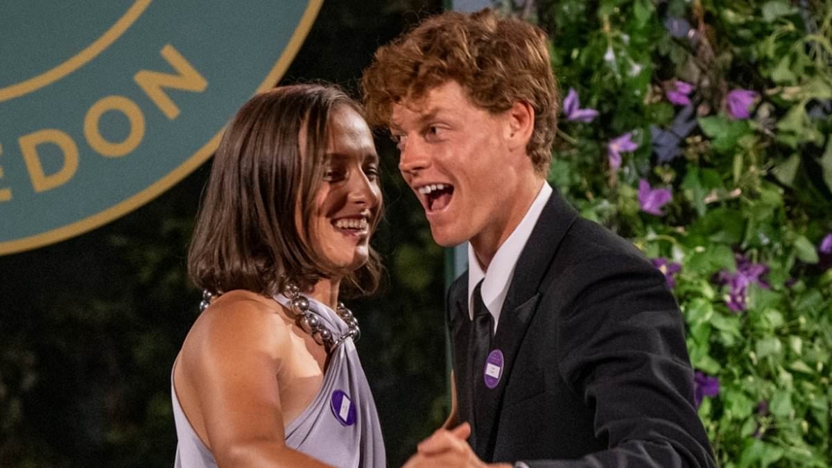 Jannik Sinner and Iga Swiatek trade tennis whites for glamorous cocktail wear in Wimbledon Champions Dinner - and even share an adorable dance