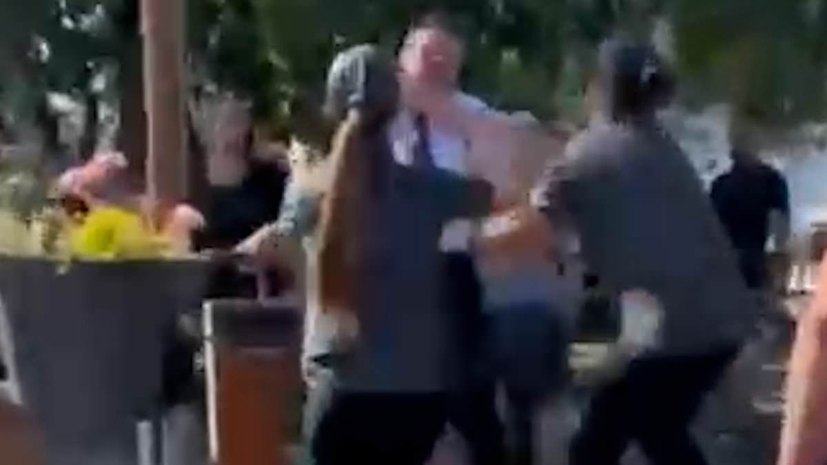 Moment huge brawl erupts outside McDonald's drive-thru with even staff stepping in to trade blows