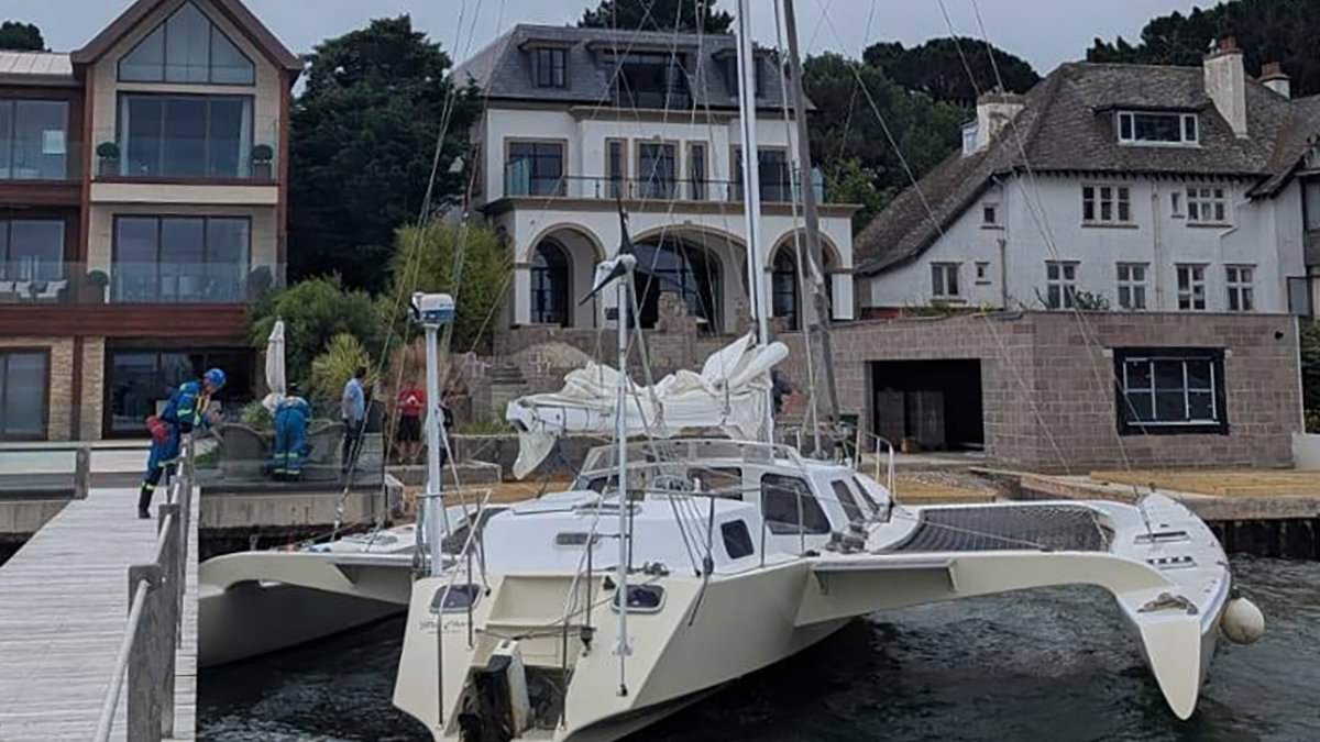 Harry Redknapp gets unwelcome visitor as huge 50ft racing yacht crashes into jetty at the bottom of the garden of his brand new Sandbanks home