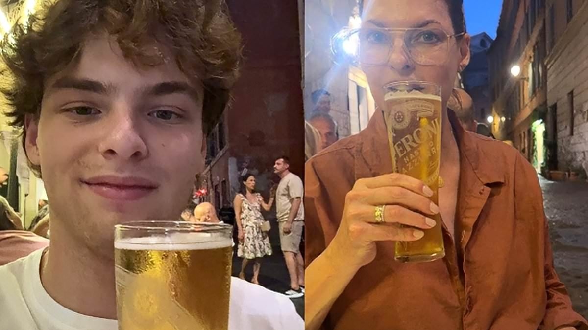 Linda Evangelista, 60, drinks beer with son Augustin, 18... after hanging with her ex's wife Salma Hayek