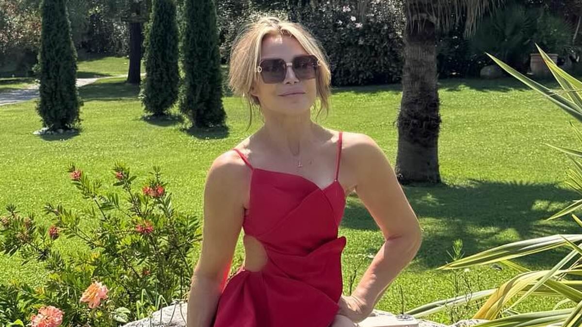 Lizzie Cundy, 57, puts on a very leggy display in a red swimsuit as she soaks up the sun in Venice after her son Josh's lavish wedding