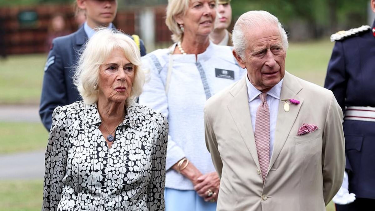King Charles and Queen Camilla meet racehorse Stradivarius as they visit The National Stud in Newmarket