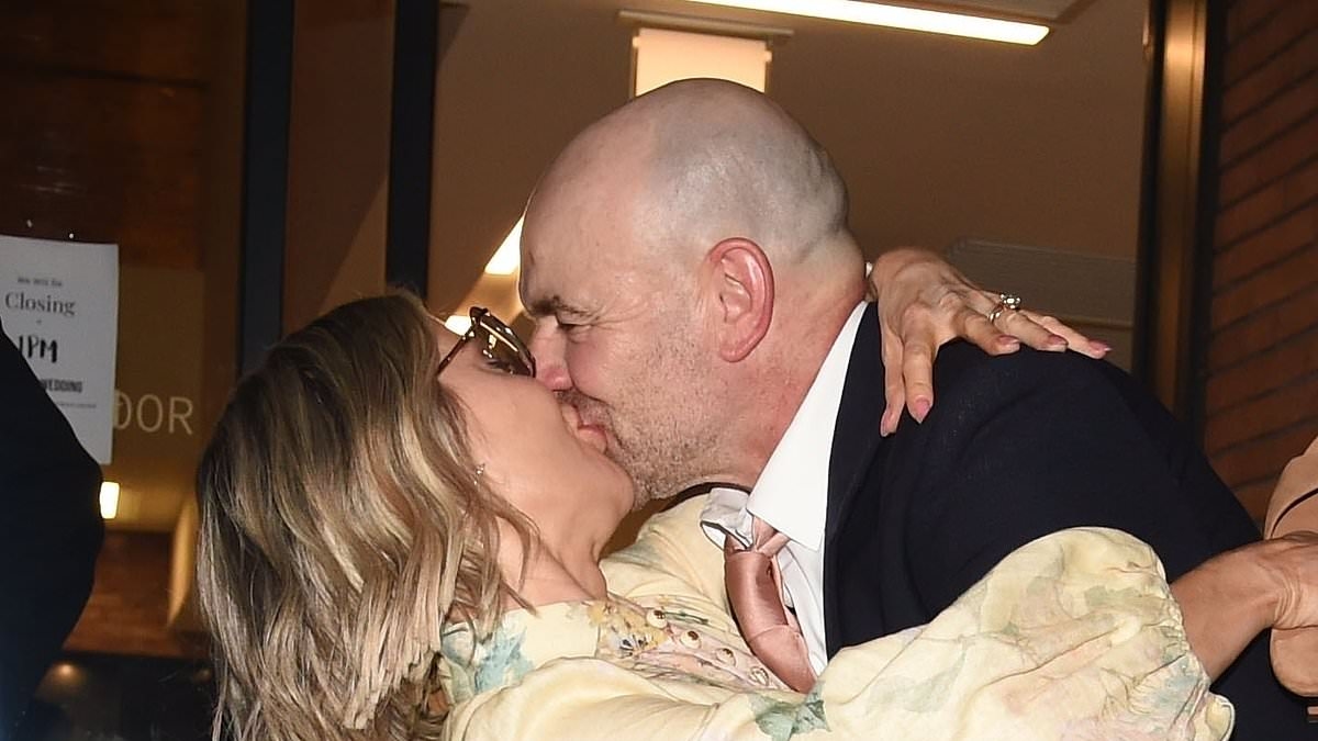 Real life Coronation Street couple Sue Carmen and Joe Duttine share a passionate kiss as they leave co-star Jack P. Shepherd and Hanni Treweek's wedding reception