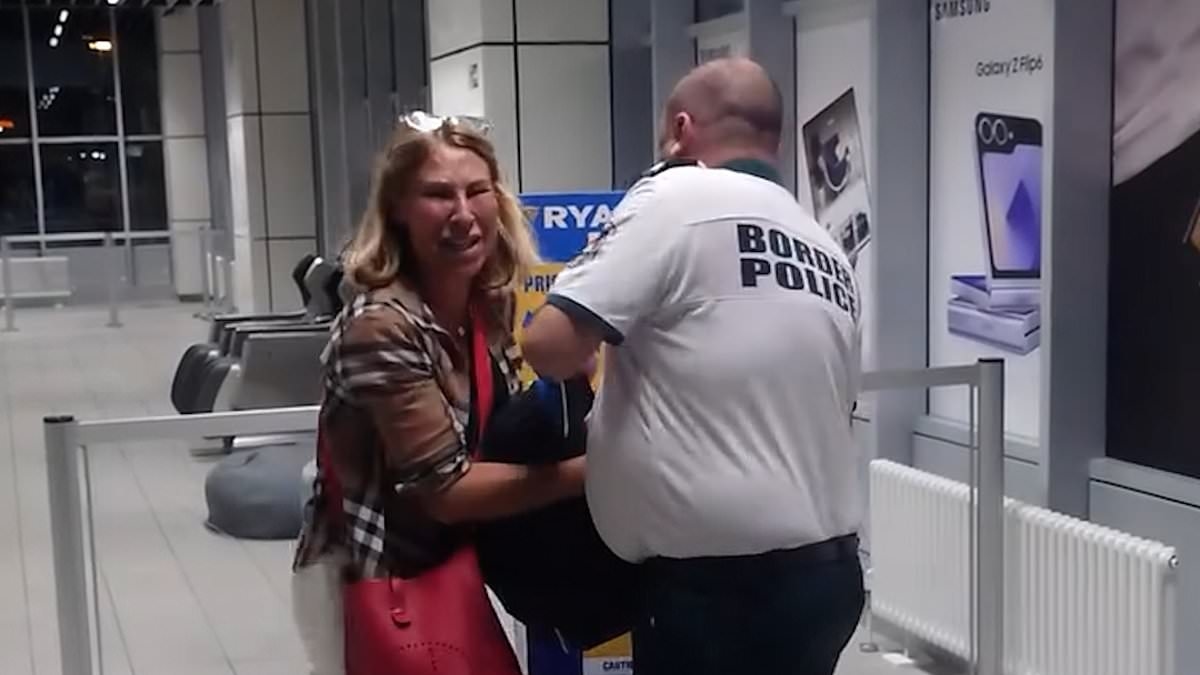 Moment Ryanair passenger SOBS after being stopped from boarding plane because her 'hand luggage was too large'
