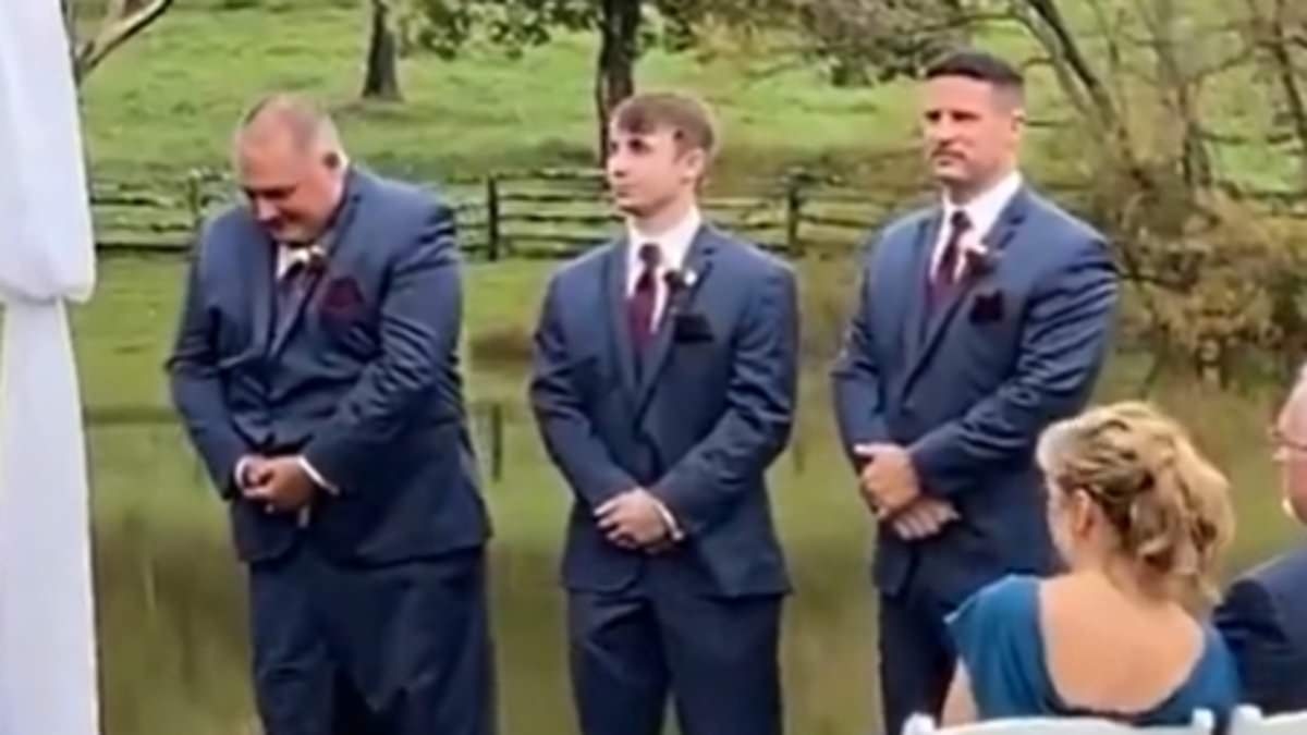 Wedding guests left in stitches after groomsman's TROUSERS suddenly fall down mid-ceremony
