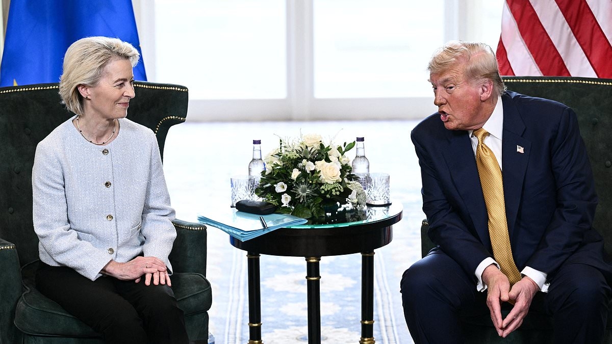 Trump blasts 'one-sided' trade as he meets EU Commission president on 'biggest deal' while raging at windmills at his golf course in Scotland