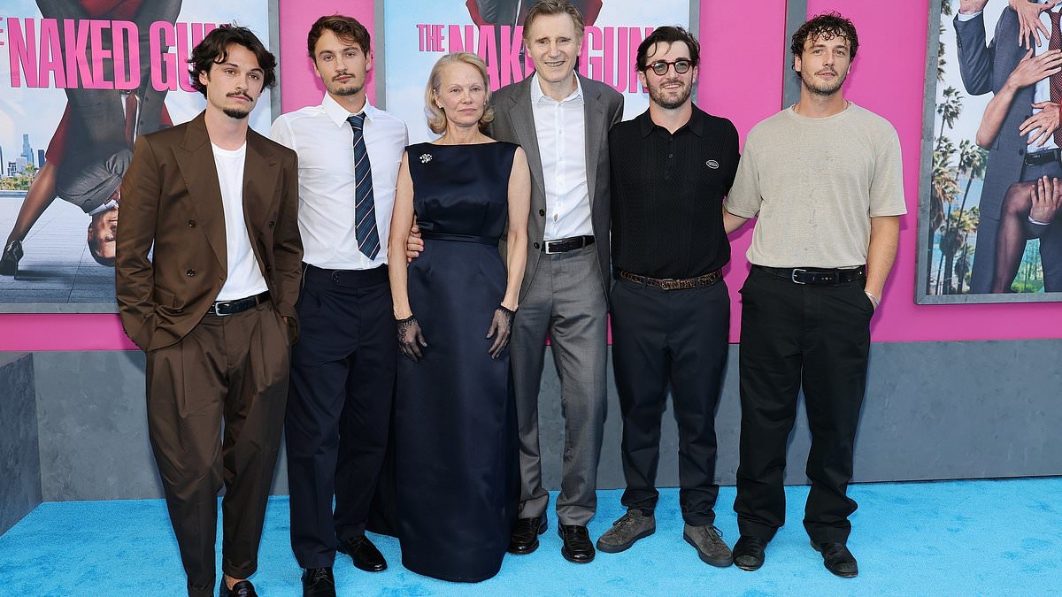 Pamela Anderson and Liam Neeson supported by their adult sons at The Naked Gun premiere amid romance rumors