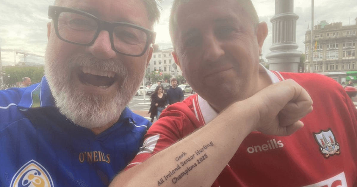 Tipperary fan Pat Shortt meets Cork supporter who got All-Ireland champs tattoo
