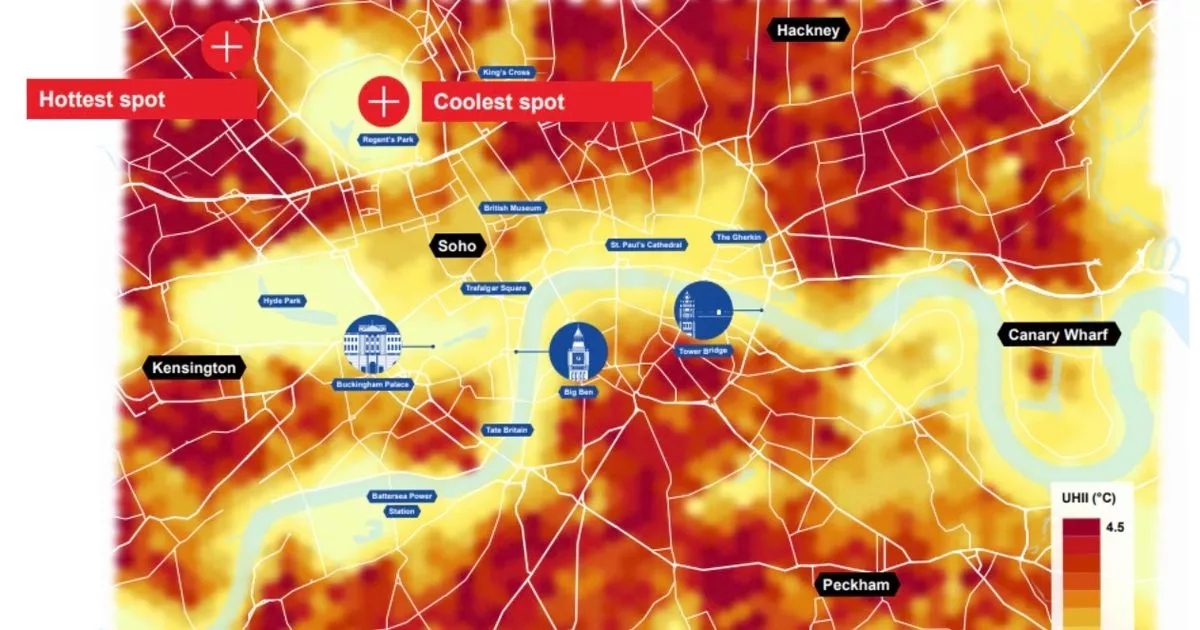 Heatwave maps shows one spot in London is 7C hotter than close neighbours