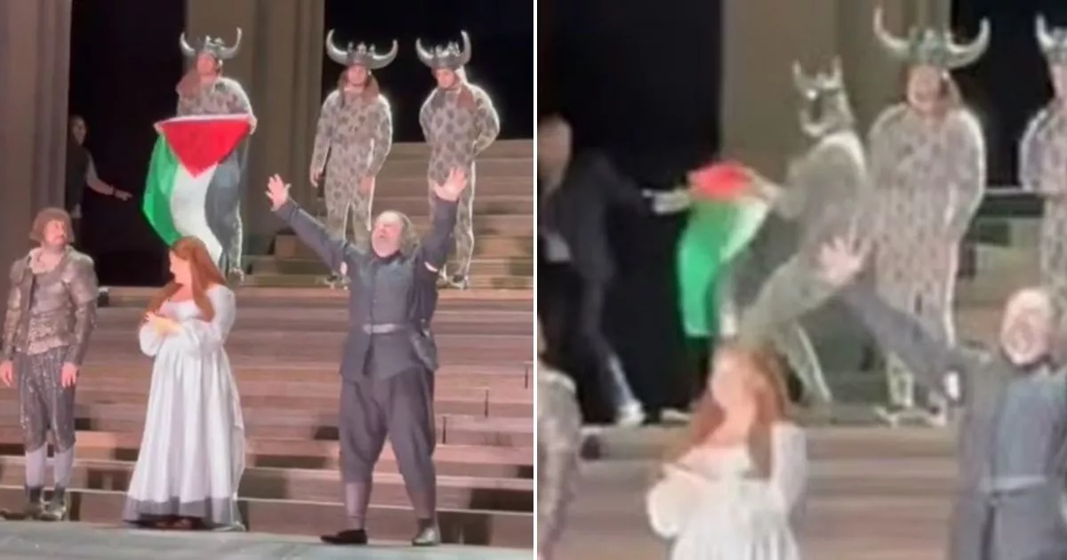 Moment Royal Opera House erupts in chaos as performer unfurls Palestinian flag onstage